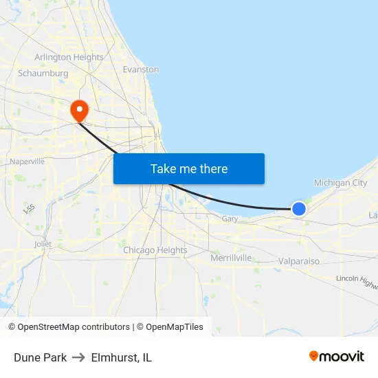 Dune Park to Elmhurst, IL map