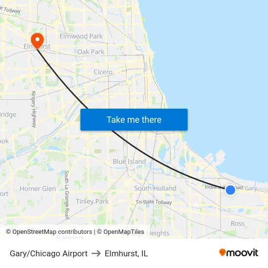 Gary/Chicago Airport to Elmhurst, IL map