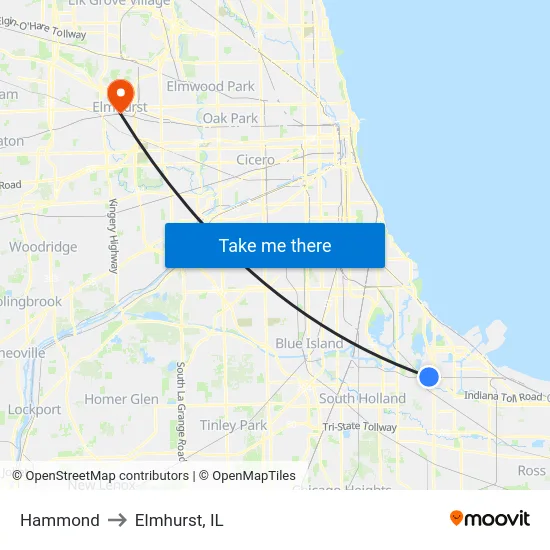 Hammond to Elmhurst, IL map