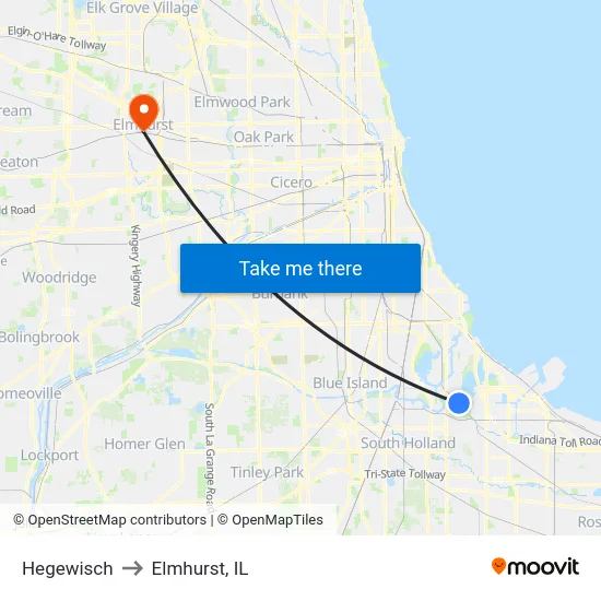Hegewisch to Elmhurst, IL map