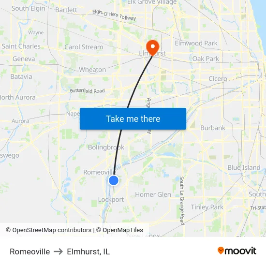 Romeoville to Elmhurst, IL map