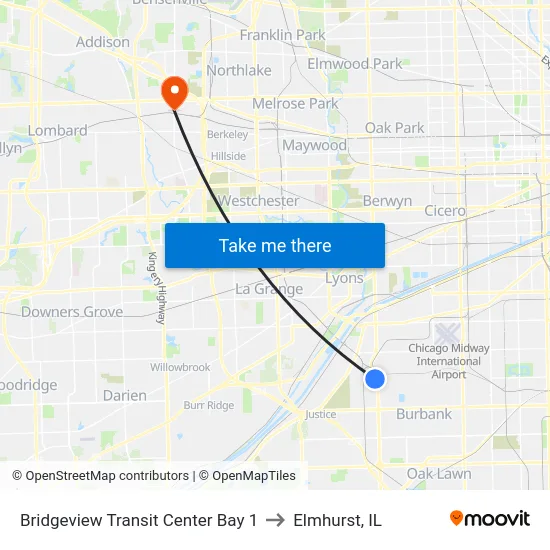 Bridgeview Transit Center Bay 1 to Elmhurst, IL map