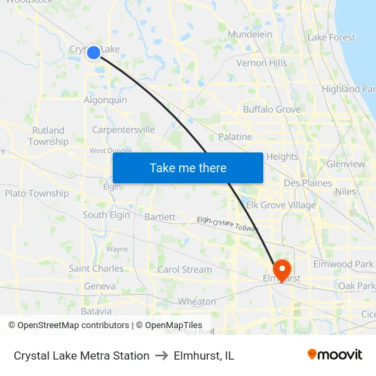 Crystal Lake Metra Station to Elmhurst, IL map