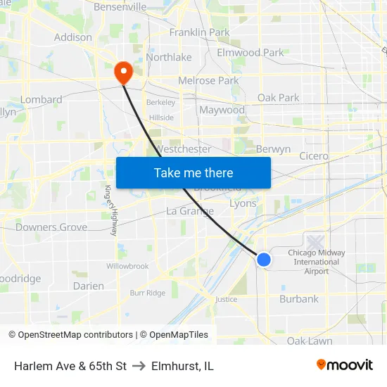 Harlem Ave & 65th St to Elmhurst, IL map