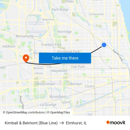 Kimball & Belmont (Blue Line) to Elmhurst, IL map