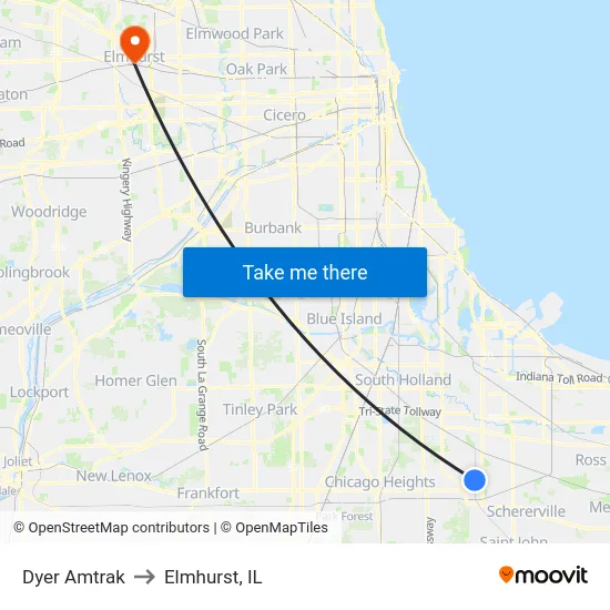 Dyer Amtrak to Elmhurst, IL map