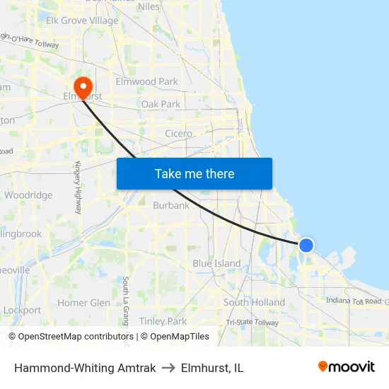 Hammond-Whiting Amtrak to Elmhurst, IL map