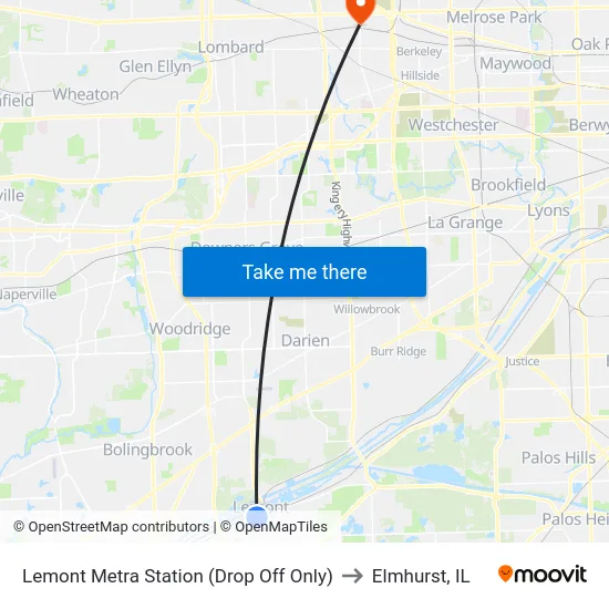 Lemont Metra Station (Drop Off Only) to Elmhurst, IL map