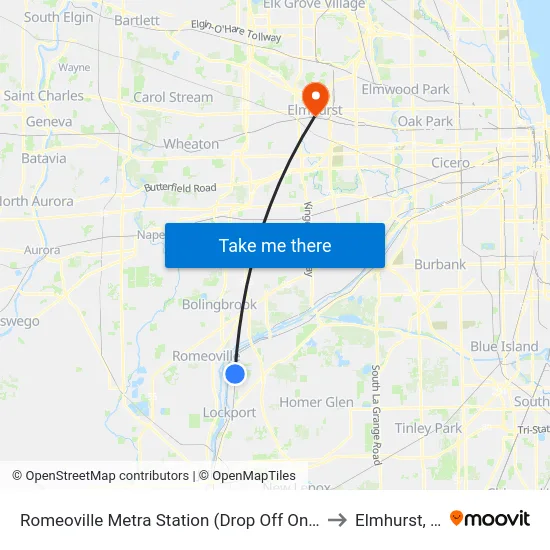 Romeoville Metra Station (Drop Off Only) to Elmhurst, IL map