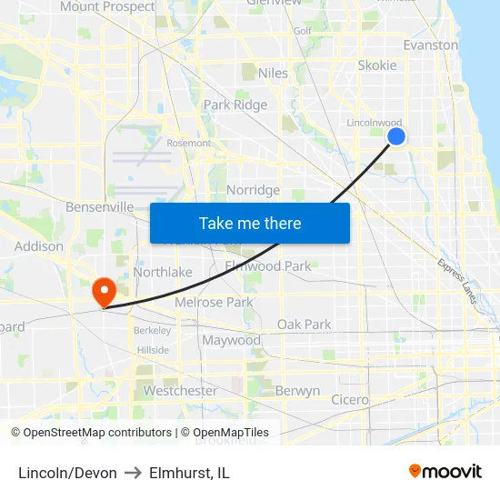 Lincoln/Devon to Elmhurst, IL map