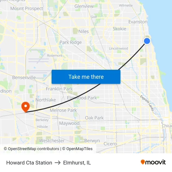 Howard Cta Station to Elmhurst, IL map