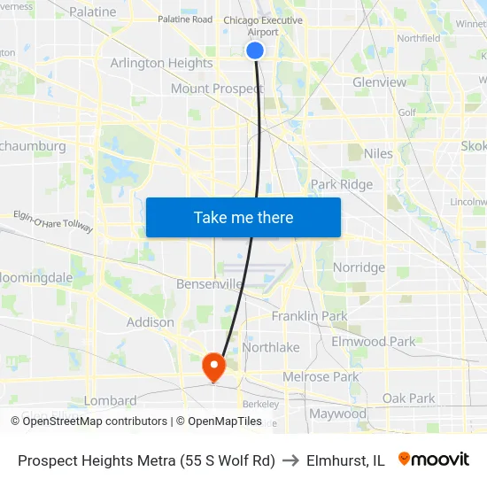 Prospect Heights Metra (55 S Wolf Rd) to Elmhurst, IL map