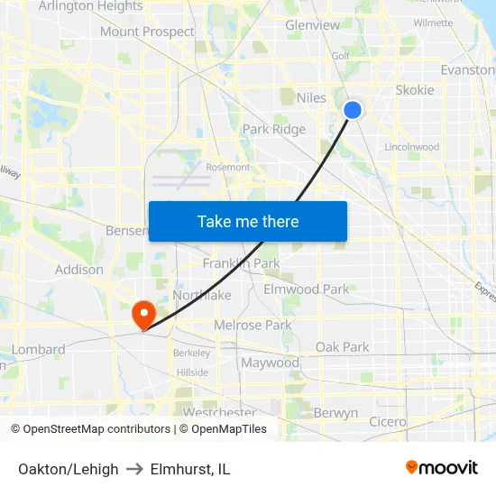 Oakton/Lehigh to Elmhurst, IL map