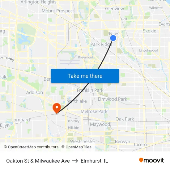 Oakton St & Milwaukee Ave to Elmhurst, IL map