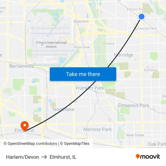 Harlem/Devon to Elmhurst, IL map