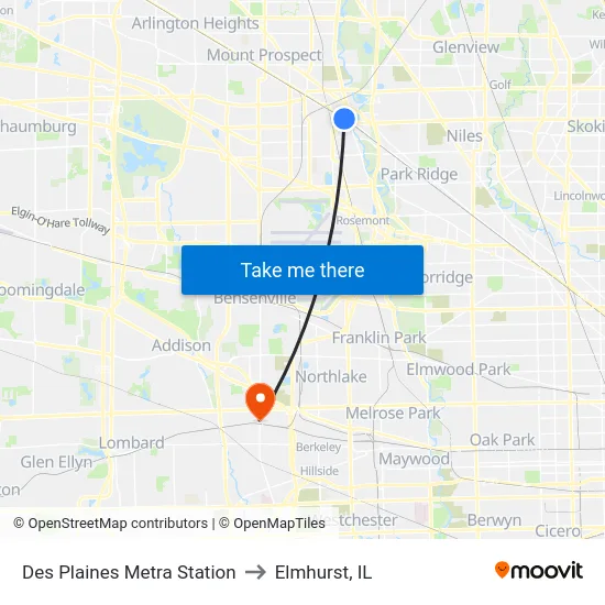 Des Plaines Metra Station to Elmhurst, IL map