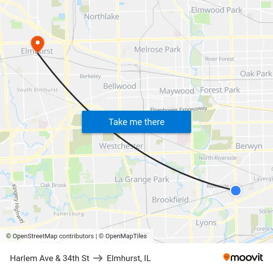 Harlem Ave & 34th St to Elmhurst, IL map