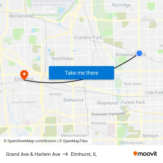 Grand Ave & Harlem Ave to Elmhurst, IL map