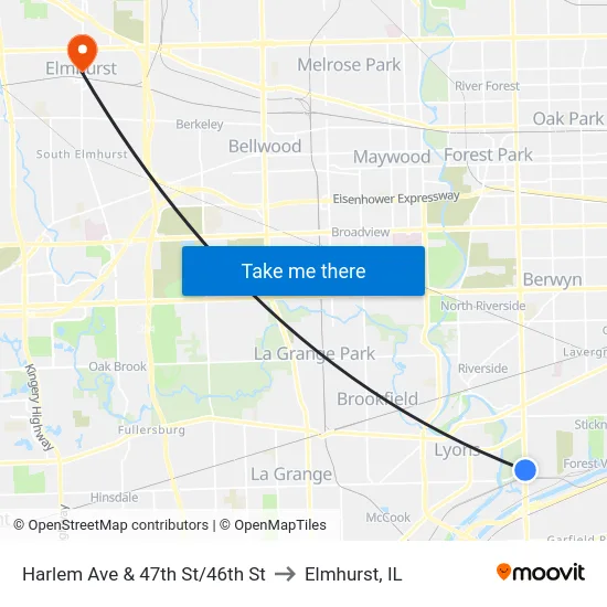 Harlem Ave & 47th St/46th St to Elmhurst, IL map