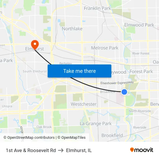 1st Ave & Roosevelt Rd to Elmhurst, IL map