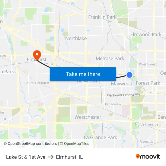 Lake St & 1st Ave to Elmhurst, IL map