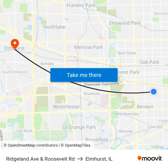 Ridgeland Ave & Roosevelt Rd to Elmhurst, IL map
