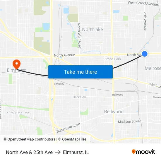 North Ave & 25th Ave to Elmhurst, IL map