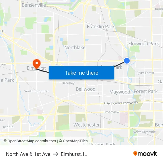 North Ave & 1st Ave to Elmhurst, IL map
