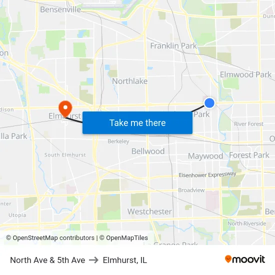 North Ave & 5th Ave to Elmhurst, IL map