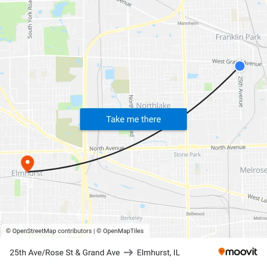25th Ave/Rose St & Grand Ave to Elmhurst, IL map