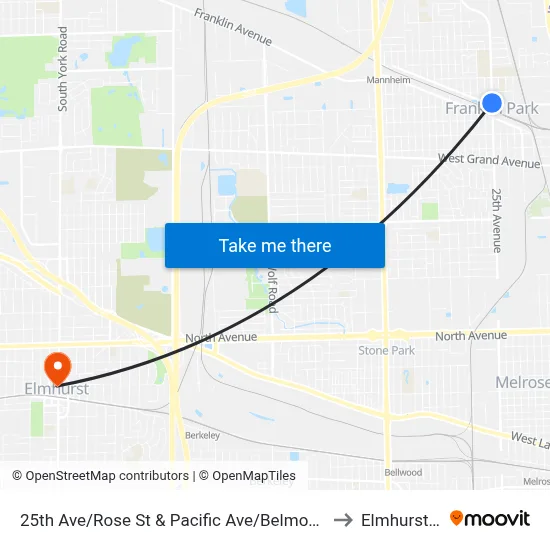 25th Ave/Rose St & Pacific Ave/Belmont Ave to Elmhurst, IL map
