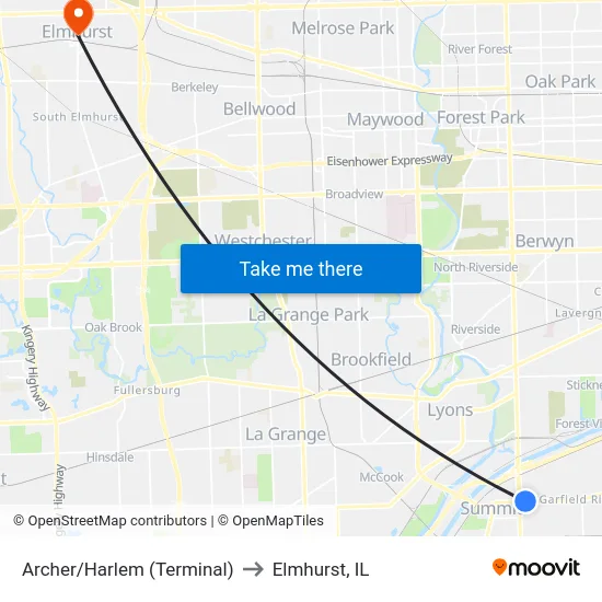 Archer/Harlem (Terminal) to Elmhurst, IL map