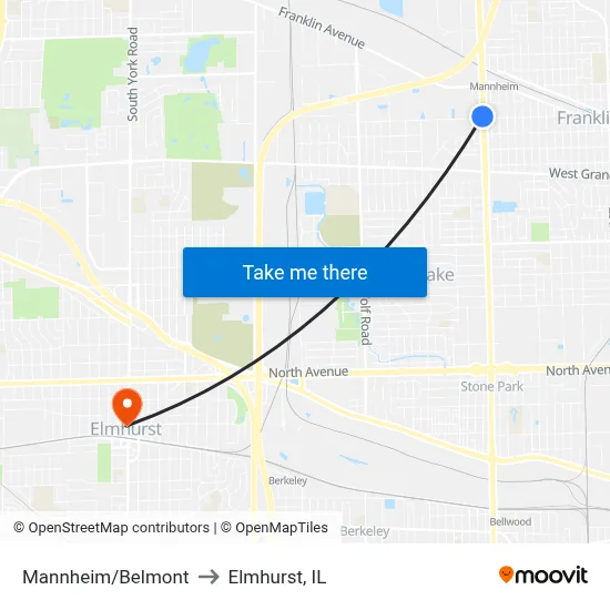 Mannheim/Belmont to Elmhurst, IL map