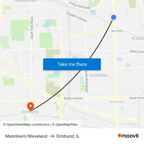 Mannheim/Waveland to Elmhurst, IL map