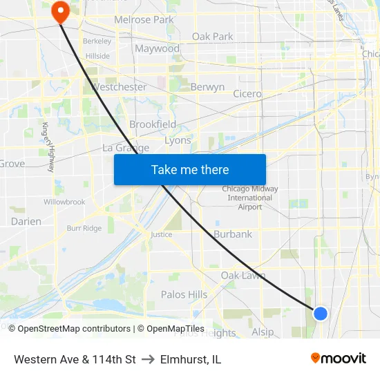 Western Ave & 114th St to Elmhurst, IL map