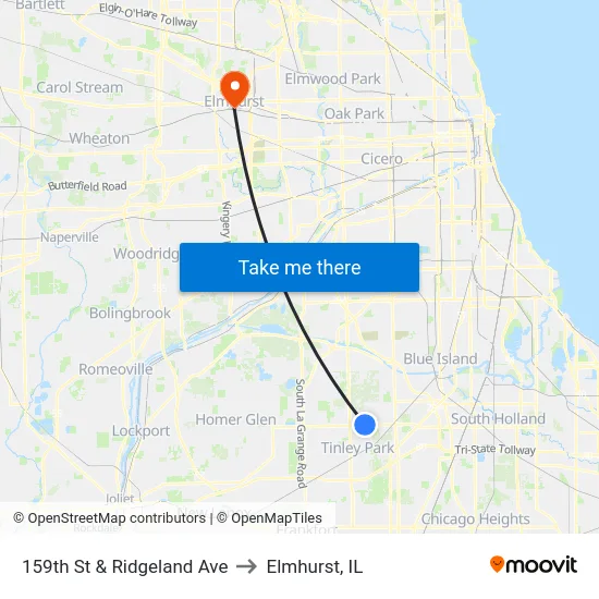 159th St & Ridgeland Ave to Elmhurst, IL map