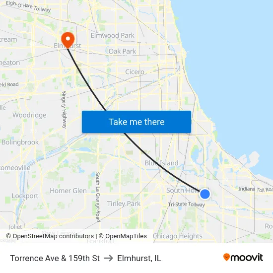 Torrence Ave & 159th St to Elmhurst, IL map