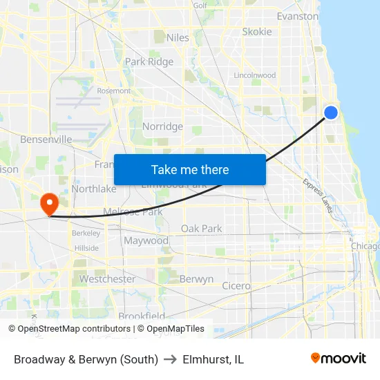 Broadway & Berwyn (South) to Elmhurst, IL map