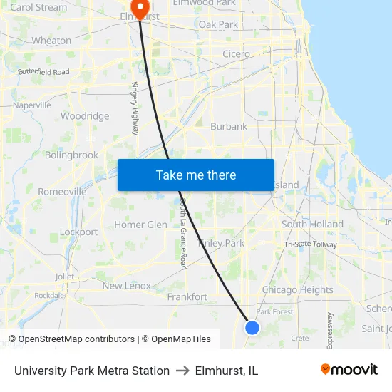 University Park Metra Station to Elmhurst, IL map