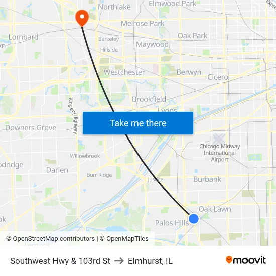 Southwest Hwy & 103rd St to Elmhurst, IL map