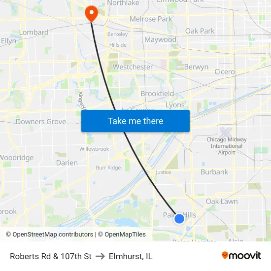 Roberts Rd & 107th St to Elmhurst, IL map