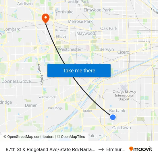 87th St & Ridgeland Ave/State Rd/Narragansett Ave to Elmhurst, IL map