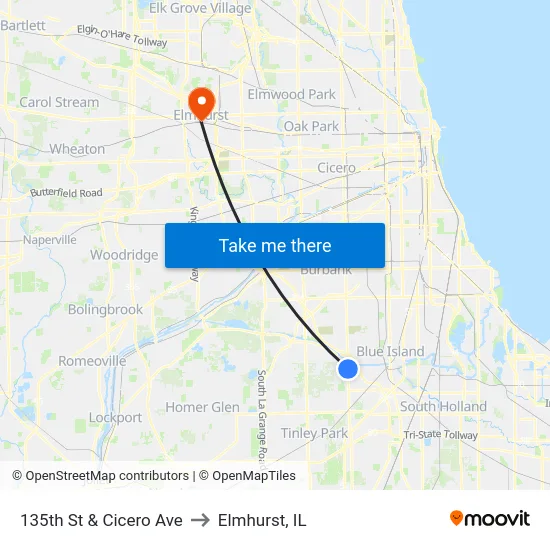 135th St & Cicero Ave to Elmhurst, IL map
