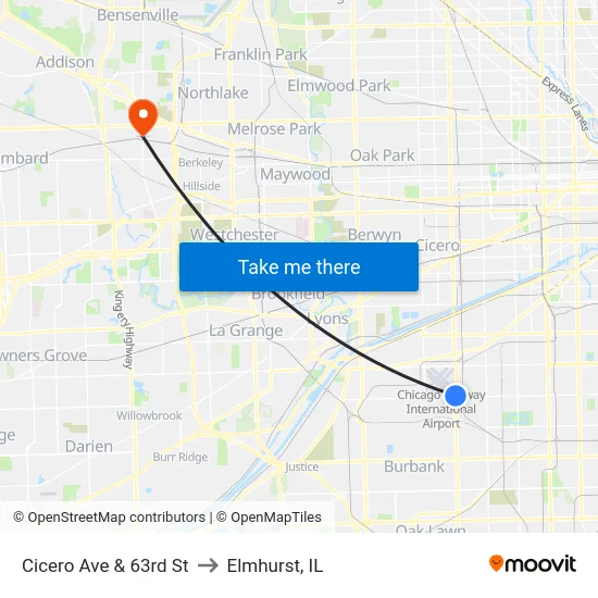 Cicero Ave & 63rd St to Elmhurst, IL map