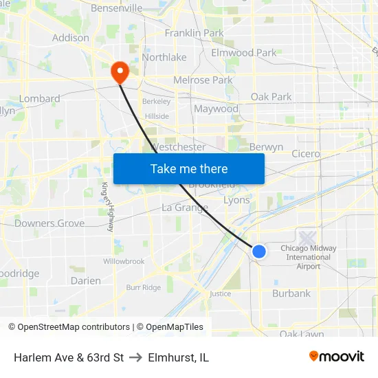 Harlem Ave & 63rd St to Elmhurst, IL map