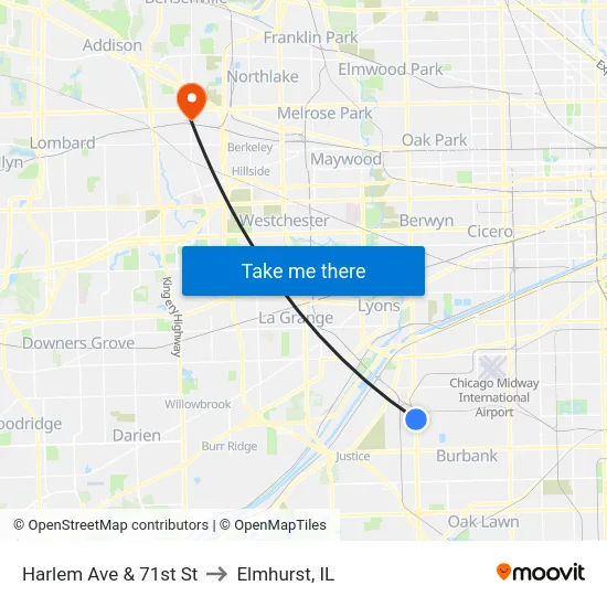 Harlem Ave & 71st St to Elmhurst, IL map