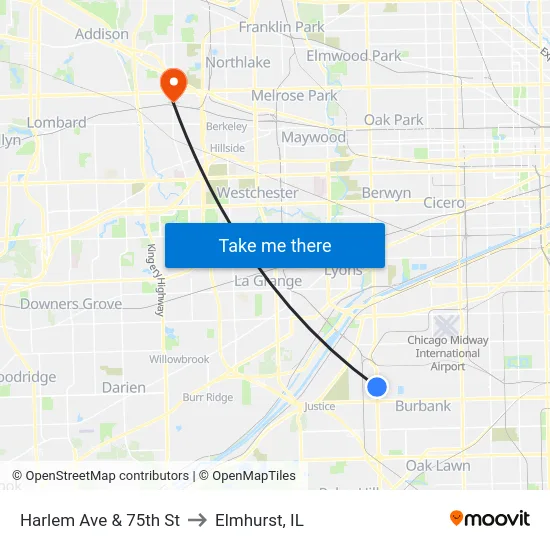 Harlem Ave & 75th St to Elmhurst, IL map
