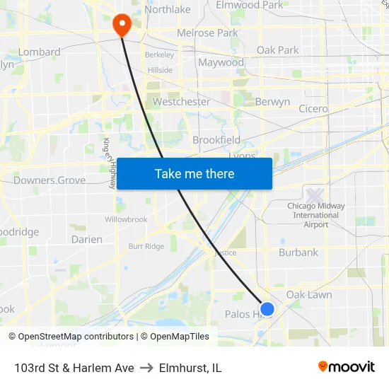 103rd St & Harlem Ave to Elmhurst, IL map