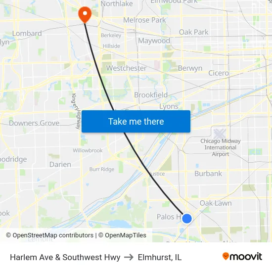 Harlem Ave & Southwest Hwy to Elmhurst, IL map