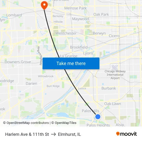Harlem Ave & 111th St to Elmhurst, IL map